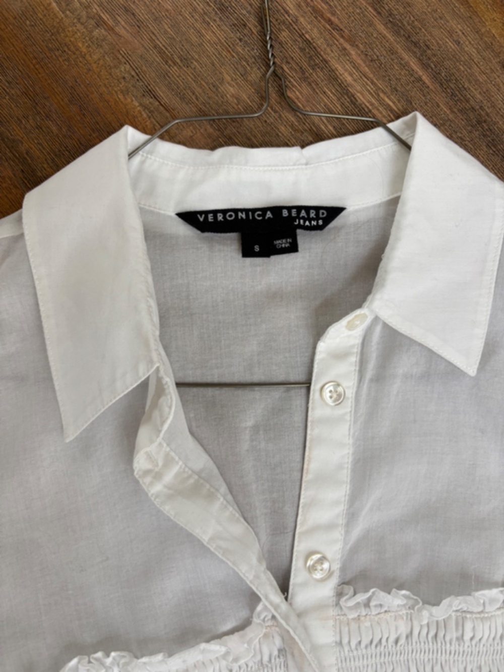 Veronica Beard Emerson Smocked Cotton Button-Up Shirt in White.  Size - Picture 7 of 8